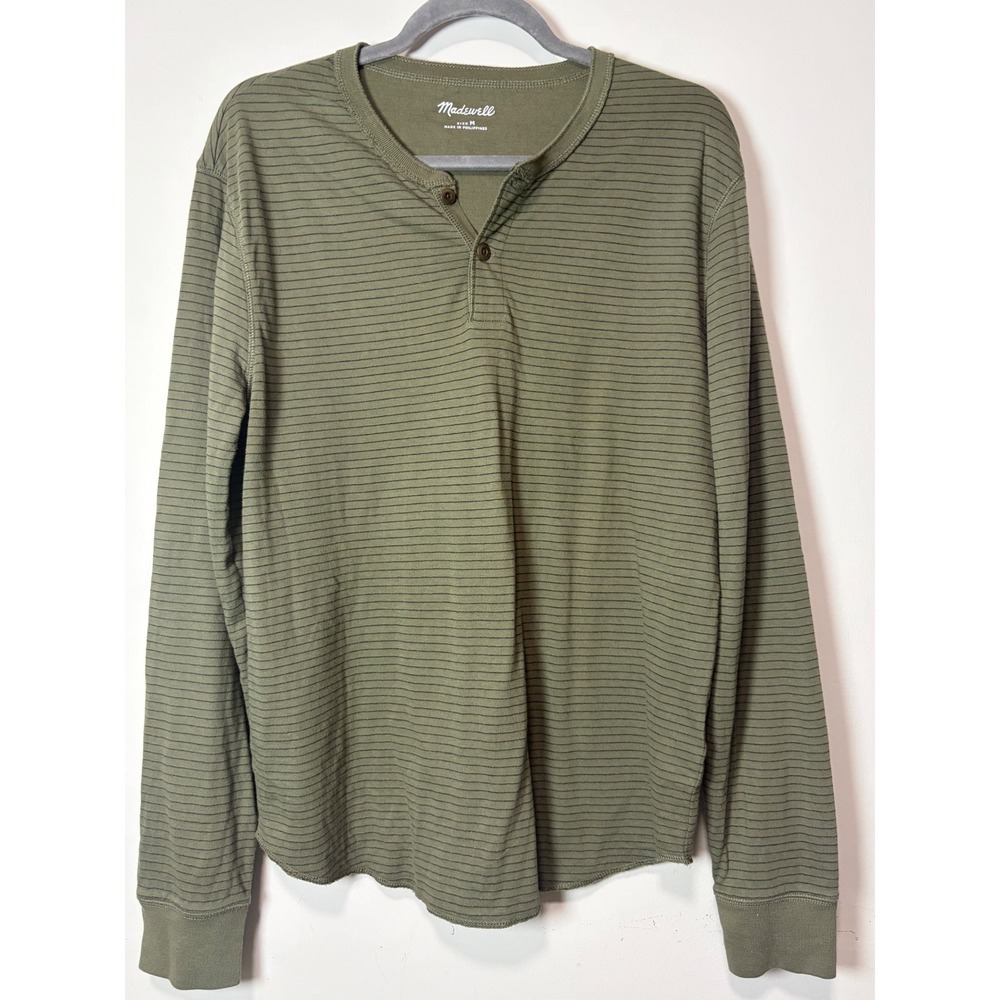 Madewell Henley Shirt Men Medium Green Striped Long Sleeve Cotton Pullover AA794